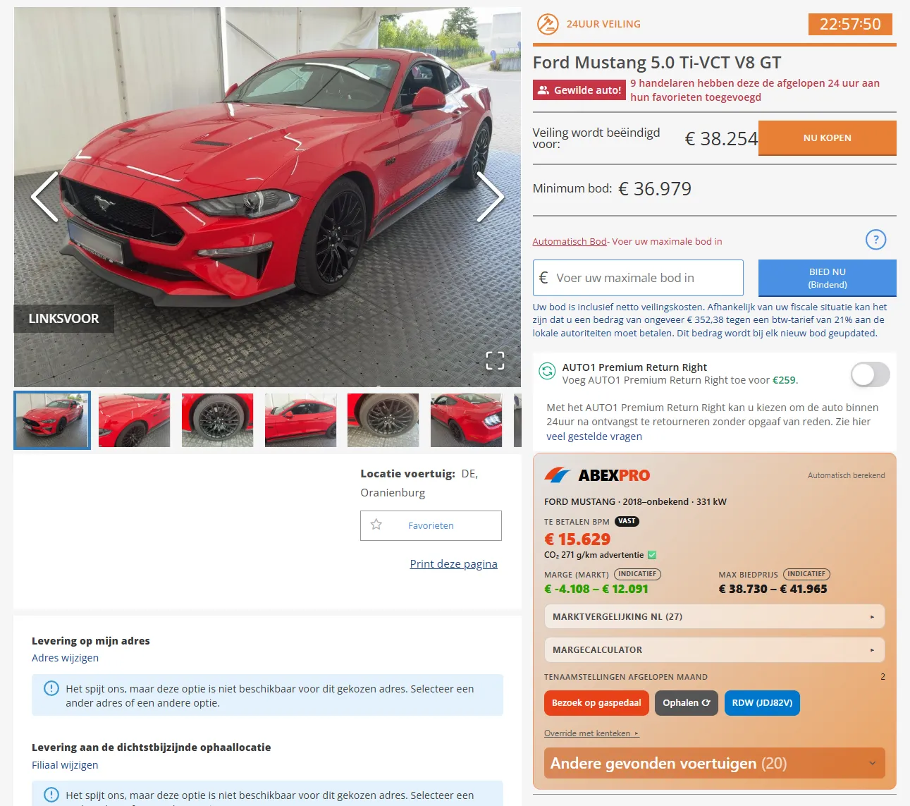 Veilingpagina van een Ford Mustang 5.0 V8 GT op Auto1.com met het AbexPro-paneel naast het kavel
