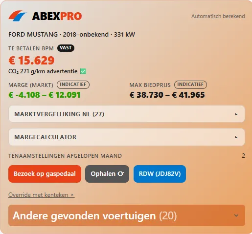 AbexPro-paneel op een Ford Mustang 5.0 V8 GT-kavel op Auto1.com: automatisch berekende BPM, indicatieve marge en maximale biedprijs
