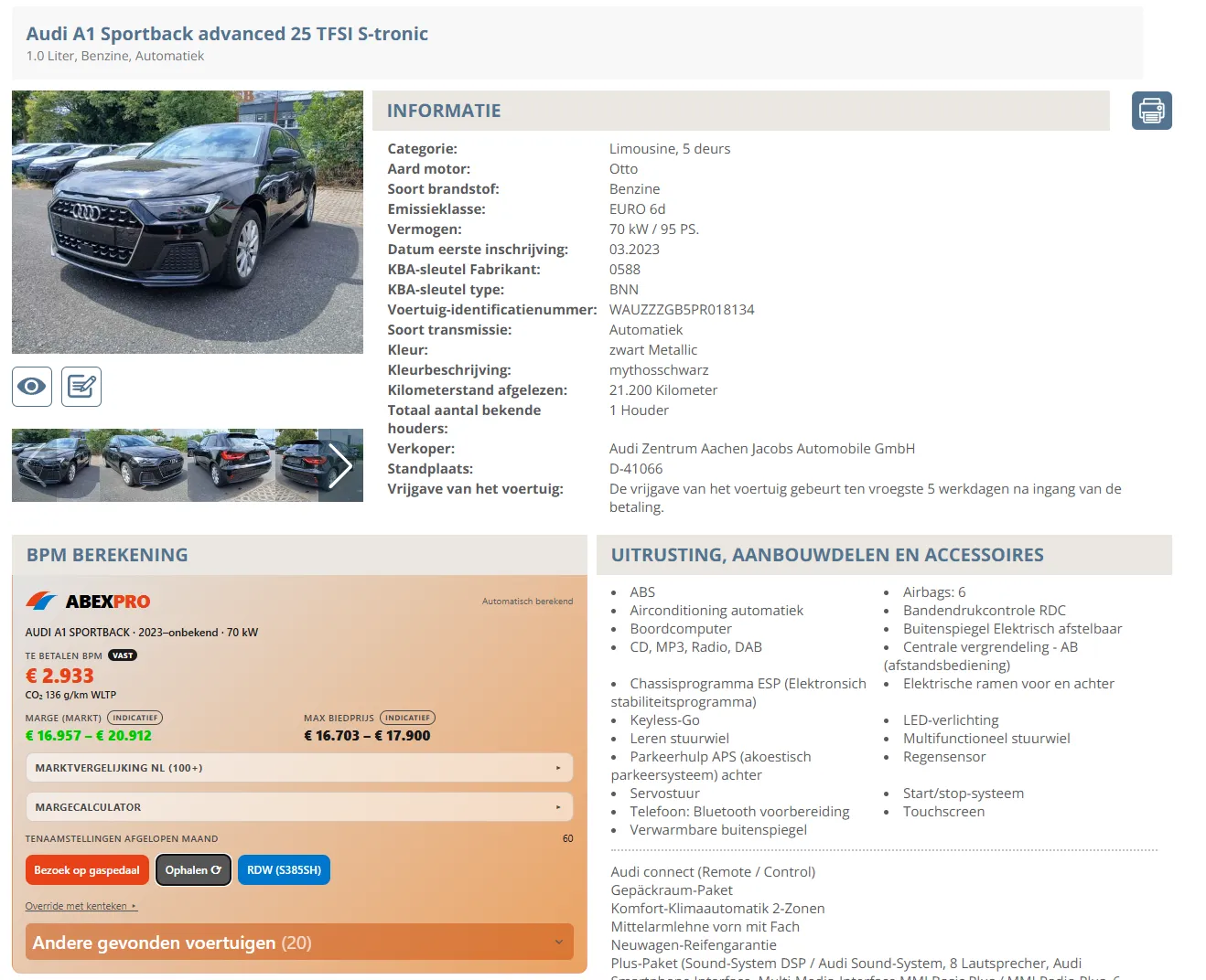 Veilingpagina van een Audi A1 Sportback op Autobid.de met het AbexPro-paneel naast het kavel