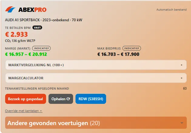 AbexPro-paneel op een Audi A1 Sportback-kavel op Autobid.de: automatisch berekende BPM, indicatieve marge en maximale biedprijs