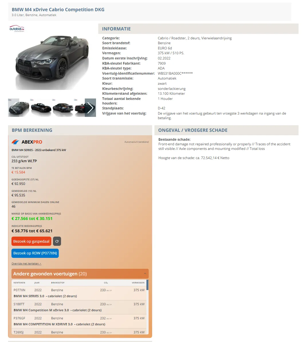 AbexPro-paneel inline op een voertuigpagina van Autobid.de